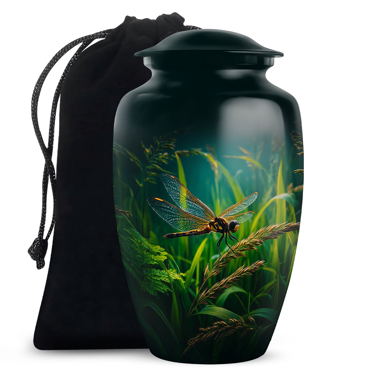 Obsidian Black Dragonfly Cremation Urn angled view of lid and engraved motif - traditional dragonfly engraving with hand-polished finish - full-size 10 inch 200 cubic inch adult cremation urn
