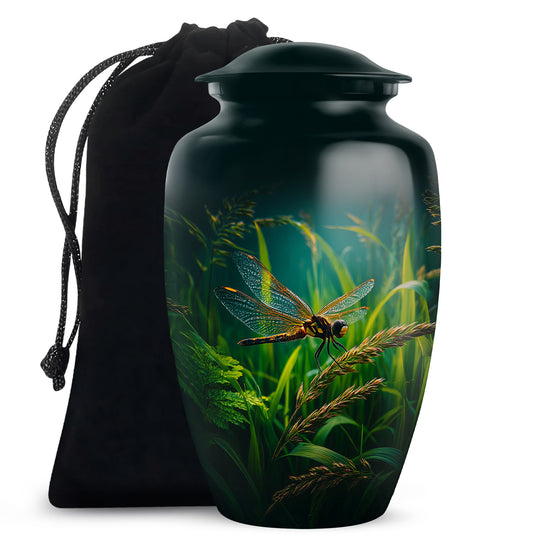 Obsidian Black Dragonfly Cremation Urn angled view of lid and engraved motif - traditional dragonfly engraving with hand-polished finish - full-size 10 inch 200 cubic inch adult cremation urn