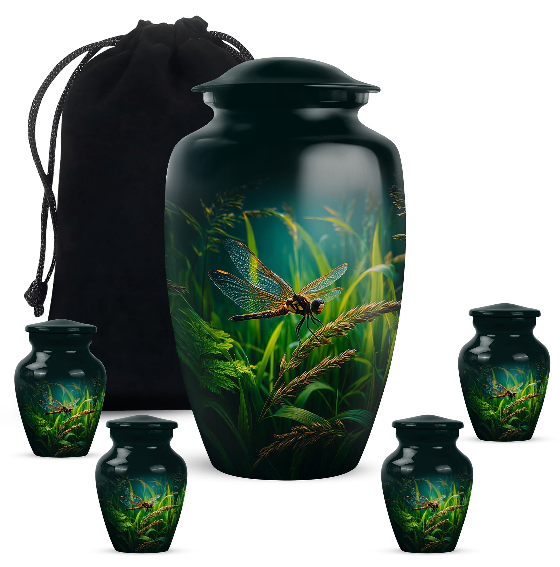 Rich Black Dragonfly Cremation Urn top-down view of secure threaded lid - timeless dragonfly motif etched into premium metal - memorial set with one large and four small urns
