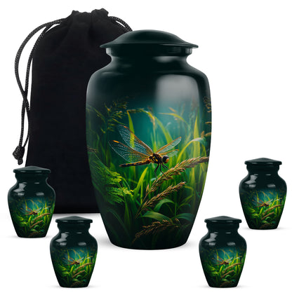 Rich Black Dragonfly Cremation Urn top-down view of secure threaded lid - timeless dragonfly motif etched into premium metal - memorial set with one large and four small urns