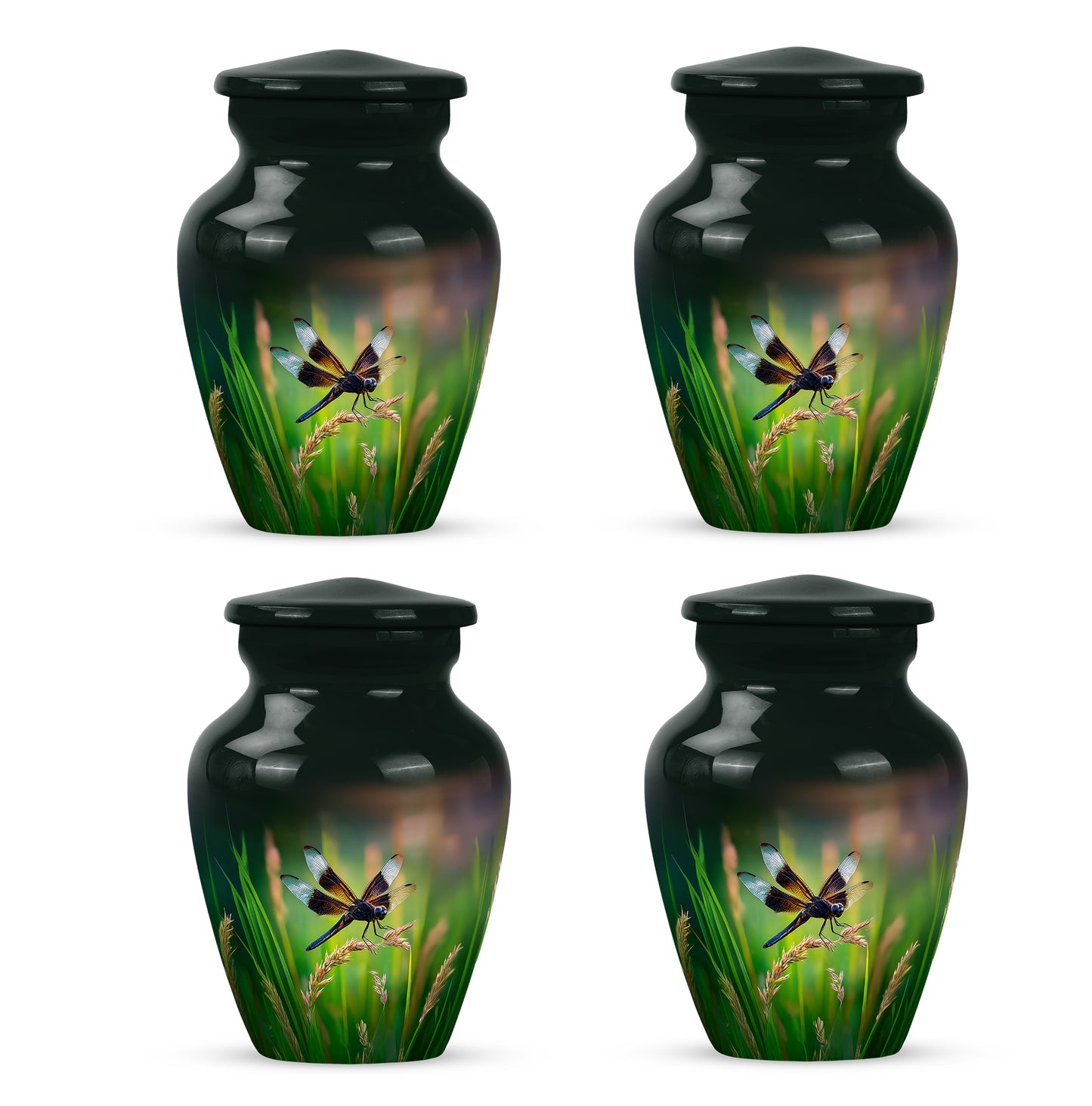 Tropical Teal Dragonfly Cremation Urn side profile showing urn shape - traditional dragonfly engraving with hand-polished finish - 10 inch aluminum urn for cremated remains