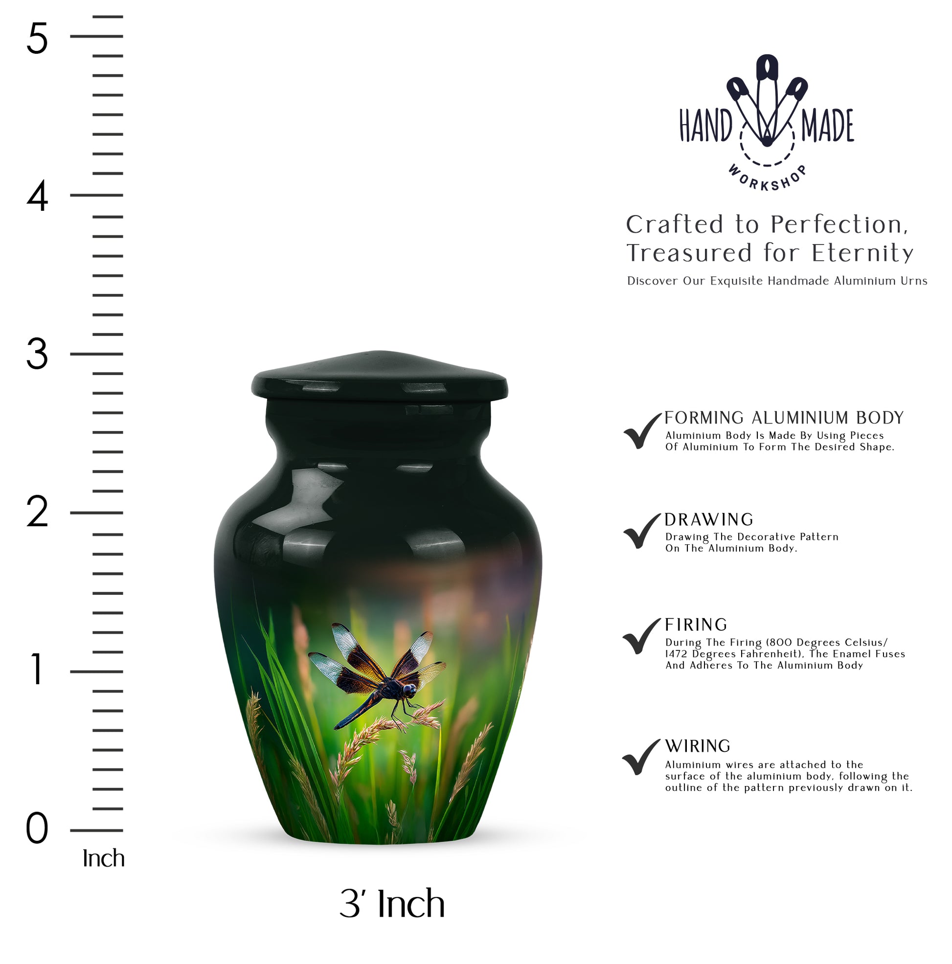Mystic Teal Dragonfly Cremation Urn close-up of engraving and surface detail - traditional dragonfly engraving with hand-polished finish - mini keepsake memorial for portion of cremation ashes