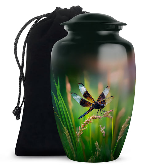 Sea Green Teal Dragonfly Cremation Urn angled view of lid and engraved motif - timeless dragonfly motif etched into premium metal - full-size 10 inch 200 cubic inch adult cremation urn
