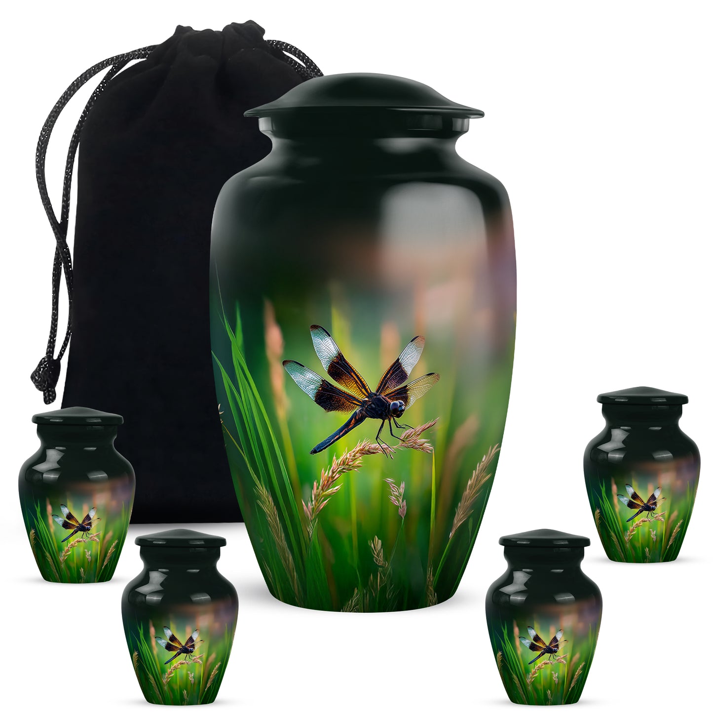Aqua Teal Dragonfly Cremation Urn top-down view of secure threaded lid - elegant classic dragonfly relief with fine detailing - memorial set with one large and four small urns