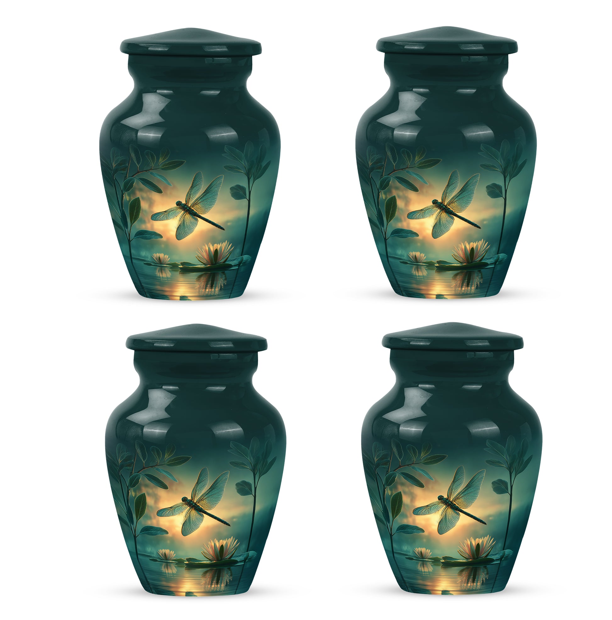 Jewel Teal Dragonfly Cremation Urn side profile showing urn shape - timeless dragonfly motif etched into premium metal - 10 inch aluminum urn for cremated remains