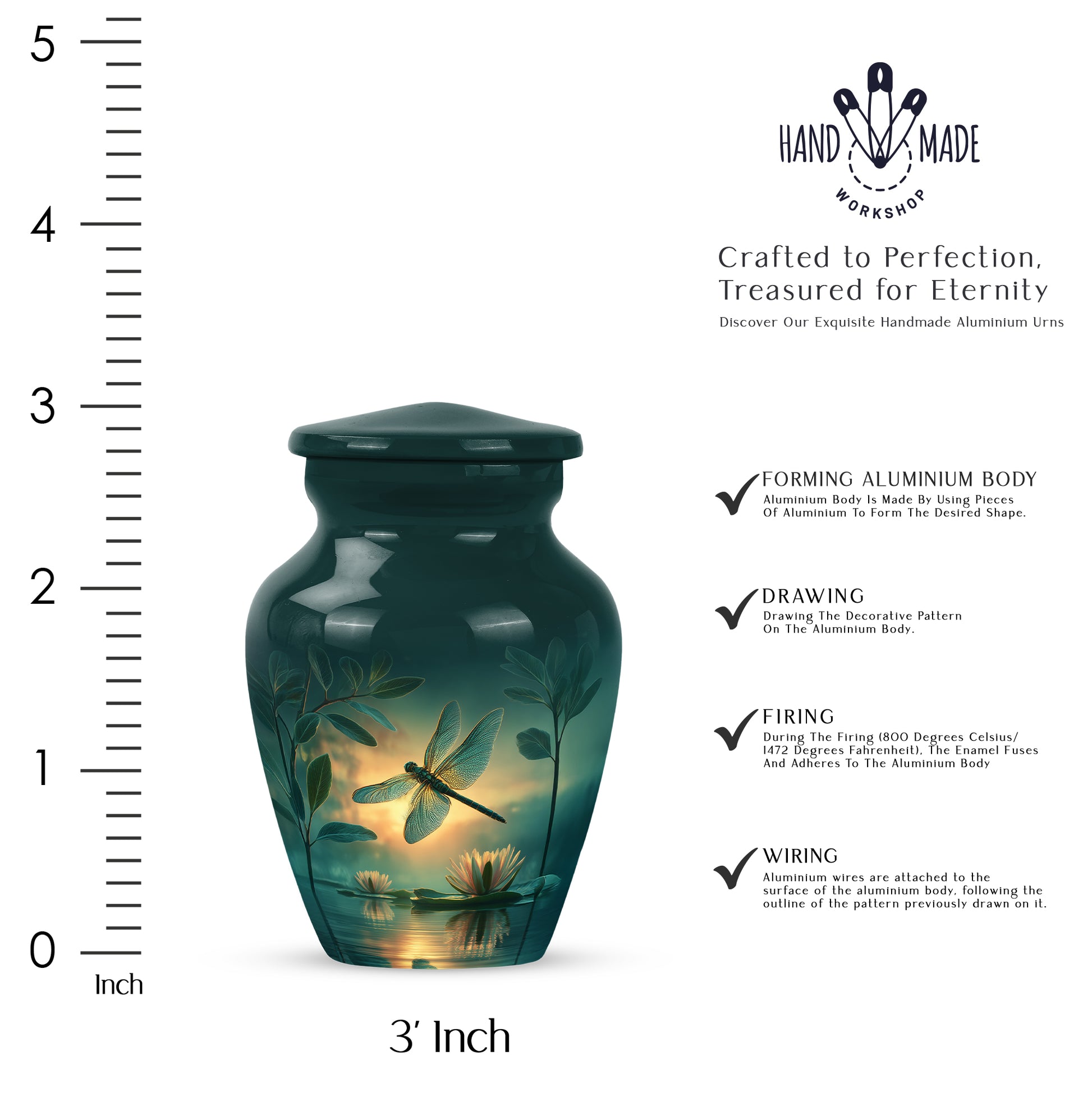 Ocean Teal Dragonfly Cremation Urn close-up of engraving and surface detail - classic sculpted dragonfly pattern on smooth aluminum - mini keepsake memorial for portion of cremation ashes