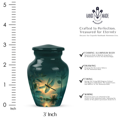 Ocean Teal Dragonfly Cremation Urn close-up of engraving and surface detail - classic sculpted dragonfly pattern on smooth aluminum - mini keepsake memorial for portion of cremation ashes