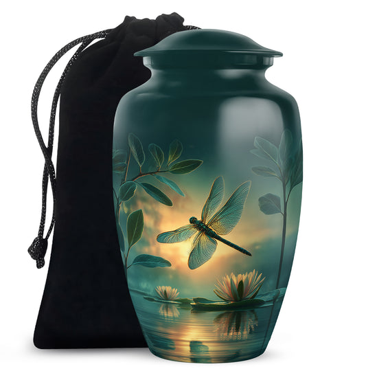 Tropical Teal Dragonfly Cremation Urn angled view of lid and engraved motif - traditional dragonfly engraving with hand-polished finish - full-size 10 inch 200 cubic inch adult cremation urn