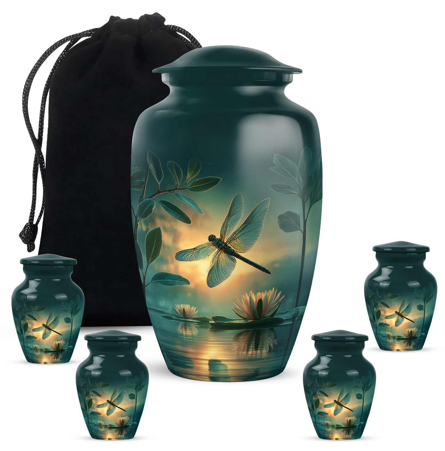 Vivid Teal Dragonfly Cremation Urn top-down view of secure threaded lid - elegant classic dragonfly relief with fine detailing - memorial set with one large and four small urns