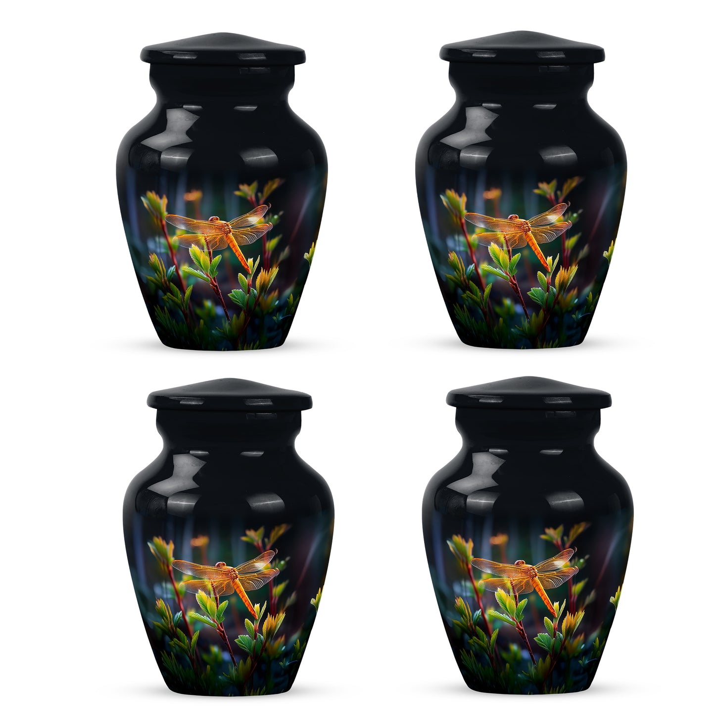 Rich Black Dragonfly Cremation Urn side profile showing urn shape - timeless dragonfly motif etched into premium metal - 10 inch aluminum urn for cremated remains