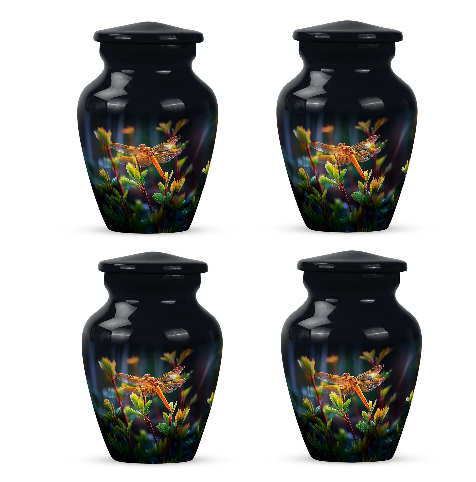 Rich Black Dragonfly Cremation Urn side profile showing urn shape - timeless dragonfly motif etched into premium metal - 10 inch aluminum urn for cremated remains