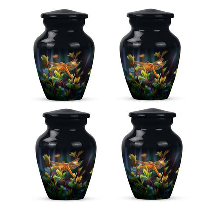 Rich Black Dragonfly Cremation Urn side profile showing urn shape - timeless dragonfly motif etched into premium metal - 10 inch aluminum urn for cremated remains