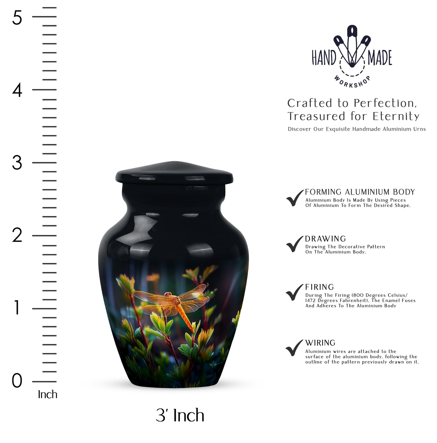 Midnight Black Dragonfly Cremation Urn close-up of engraving and surface detail - traditional dragonfly engraving with hand-polished finish - mini keepsake memorial for portion of cremation ashes