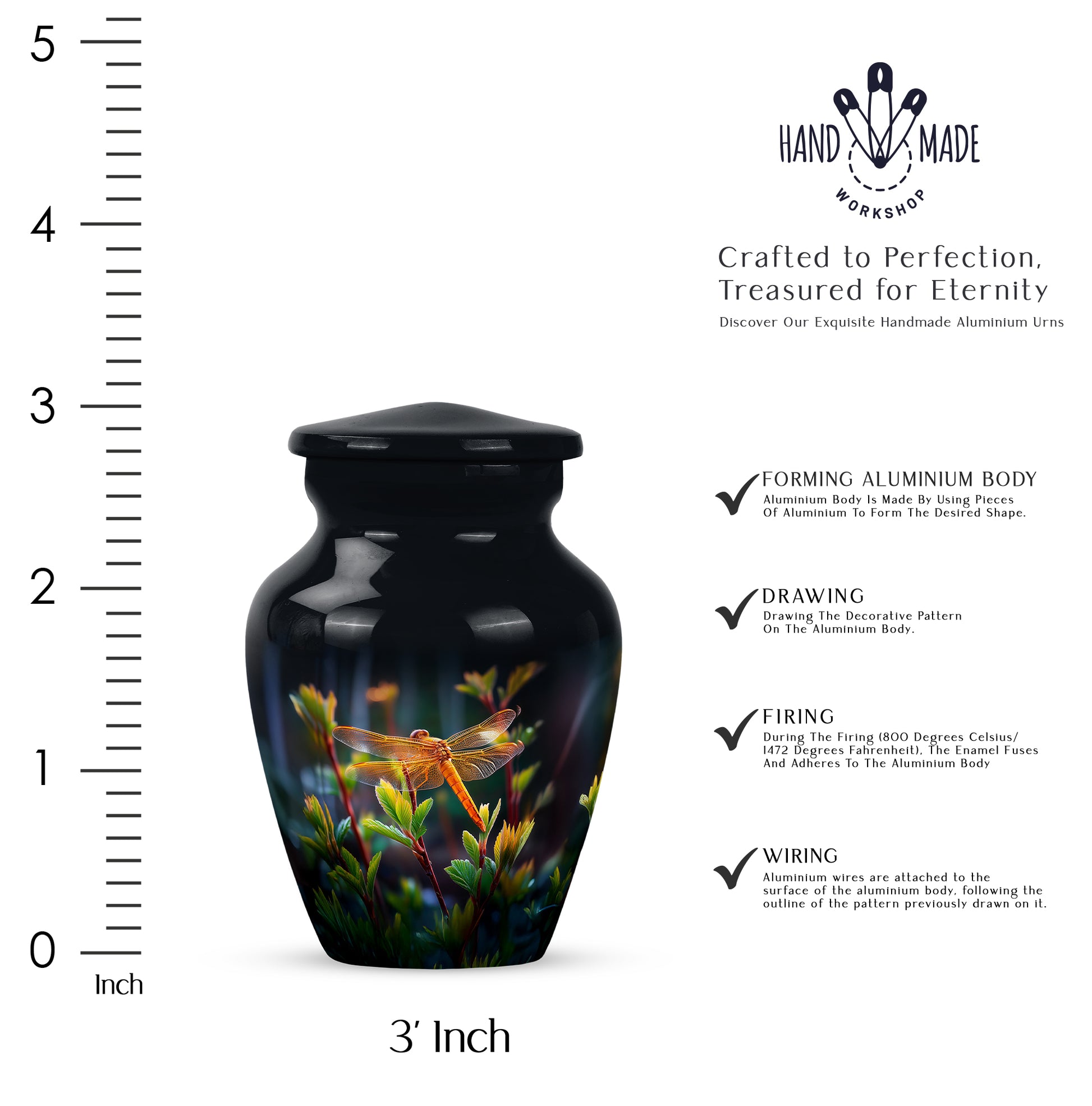 Midnight Black Dragonfly Cremation Urn close-up of engraving and surface detail - traditional dragonfly engraving with hand-polished finish - mini keepsake memorial for portion of cremation ashes
