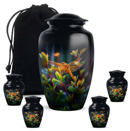 Dark Black Dragonfly Cremation Urn top-down view of secure threaded lid - traditional dragonfly engraving with hand-polished finish - memorial set with one large and four small urns