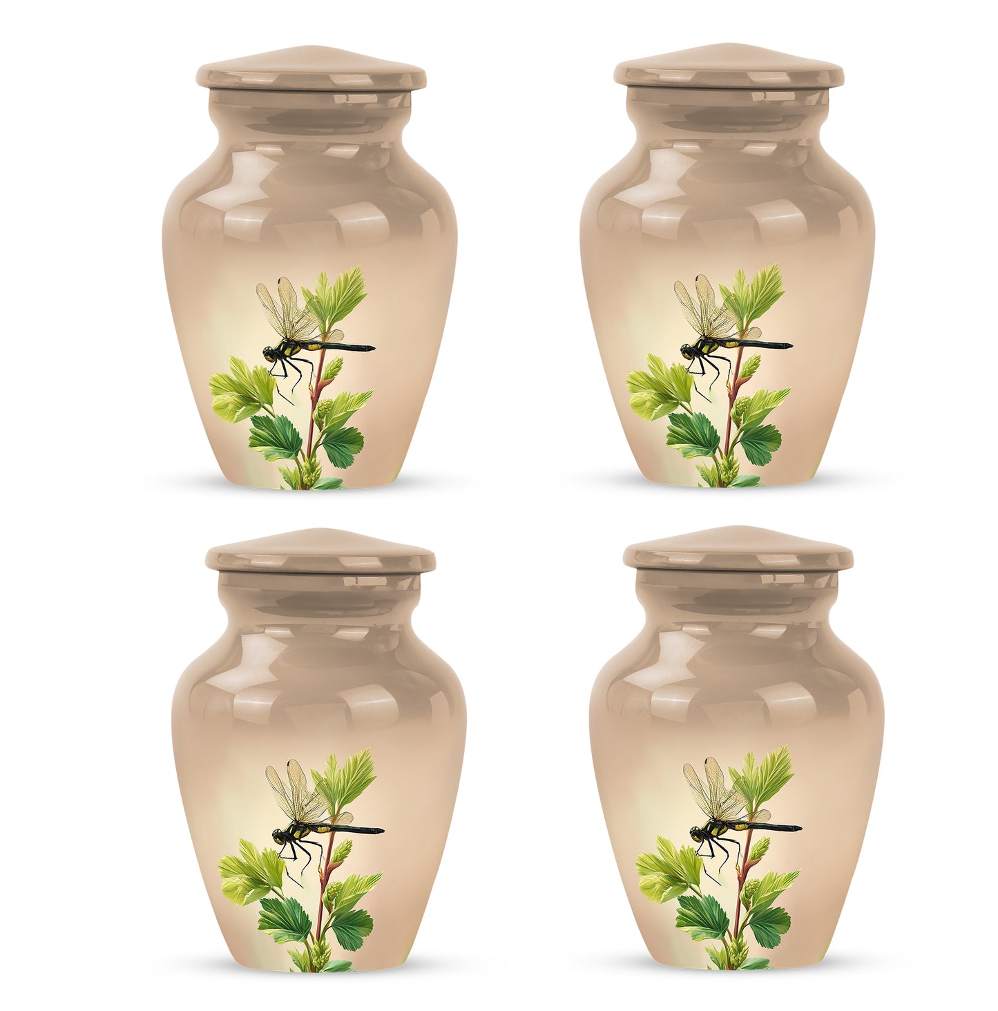 Harvest Gold Dragonfly Cremation Urn side profile showing urn shape - traditional dragonfly engraving with hand-polished finish - 10 inch aluminum urn for cremated remains