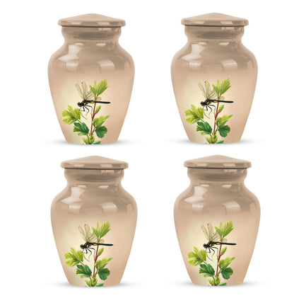 Harvest Gold Dragonfly Cremation Urn side profile showing urn shape - traditional dragonfly engraving with hand-polished finish - 10 inch aluminum urn for cremated remains