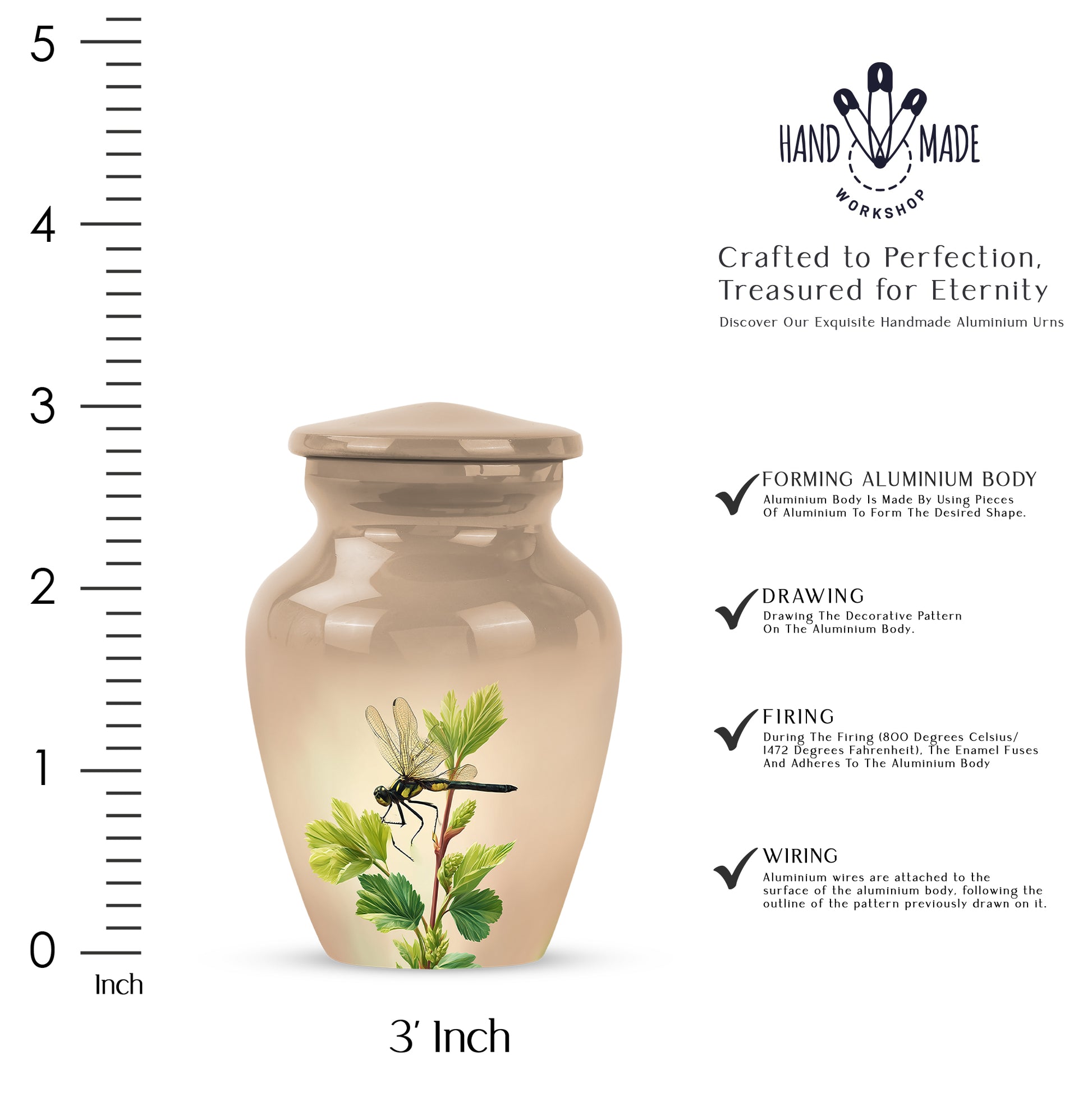 Matte Gold Dragonfly Cremation Urn close-up of engraving and surface detail - elegant classic dragonfly relief with fine detailing - mini keepsake memorial for portion of cremation ashes