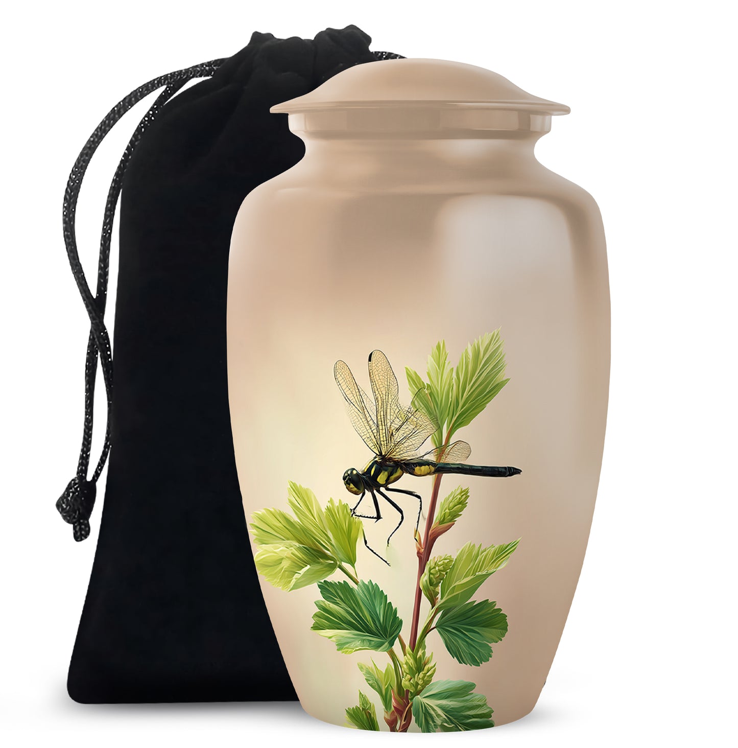 Matte Gold Dragonfly Cremation Urn angled view of lid and engraved motif - traditional dragonfly engraving with hand-polished finish - full-size 10 inch 200 cubic inch adult cremation urn