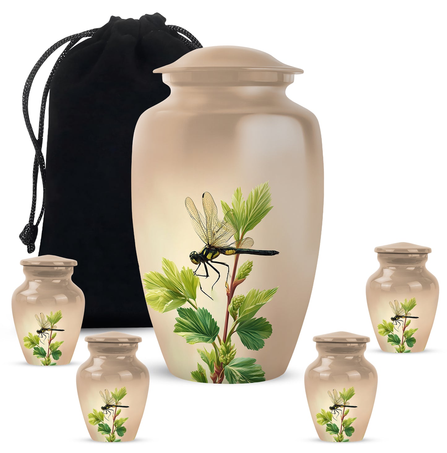 Gilded Gold Dragonfly Cremation Urn top-down view of secure threaded lid - timeless dragonfly motif etched into premium metal - memorial set with one large and four small urns