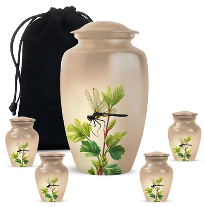 Gilded Gold Dragonfly Cremation Urn top-down view of secure threaded lid - timeless dragonfly motif etched into premium metal - memorial set with one large and four small urns
