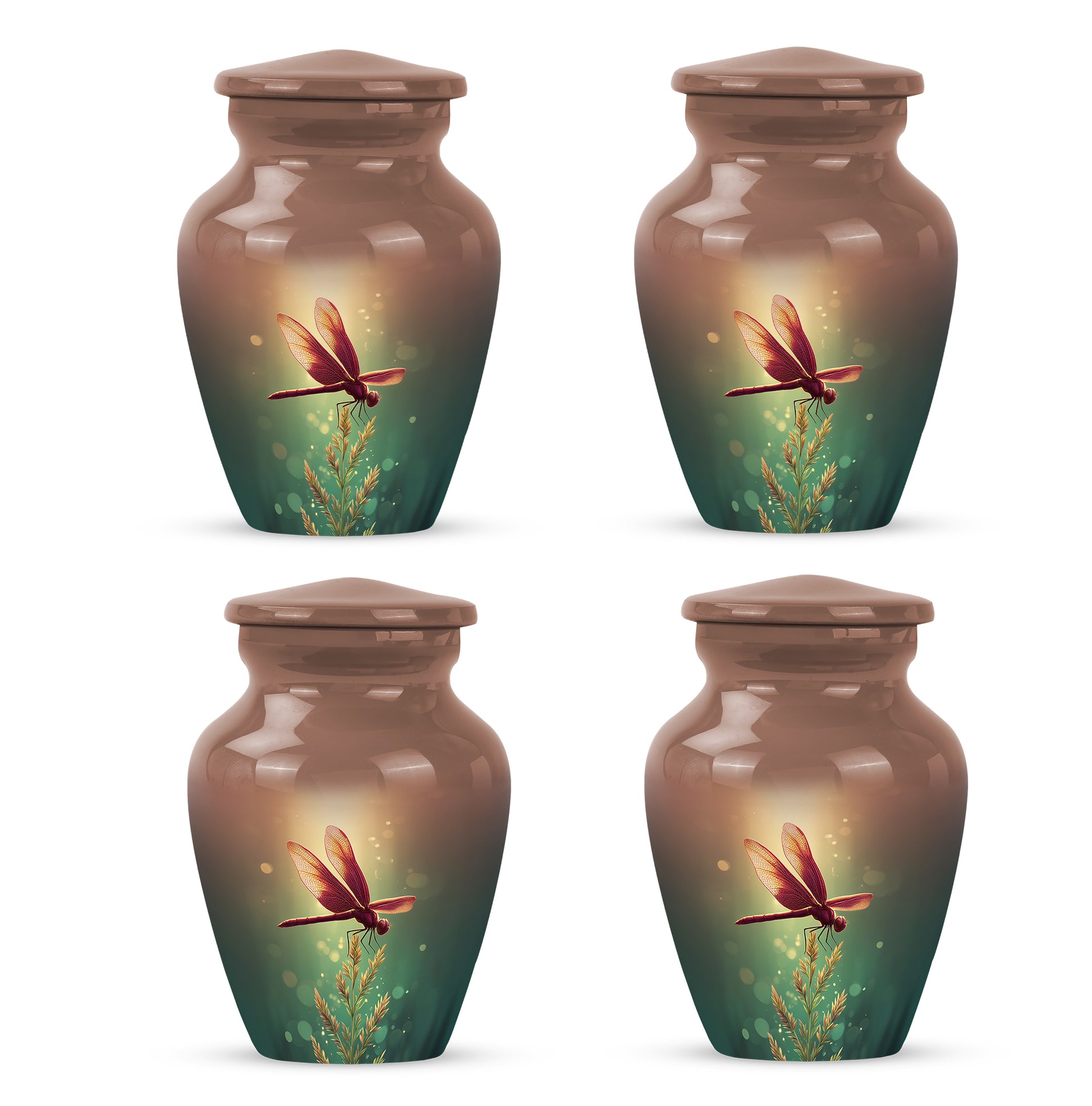 Amber Gold Dragonfly Cremation Urn side profile showing urn shape - classic sculpted dragonfly pattern on smooth aluminum - 10 inch aluminum urn for cremated remains