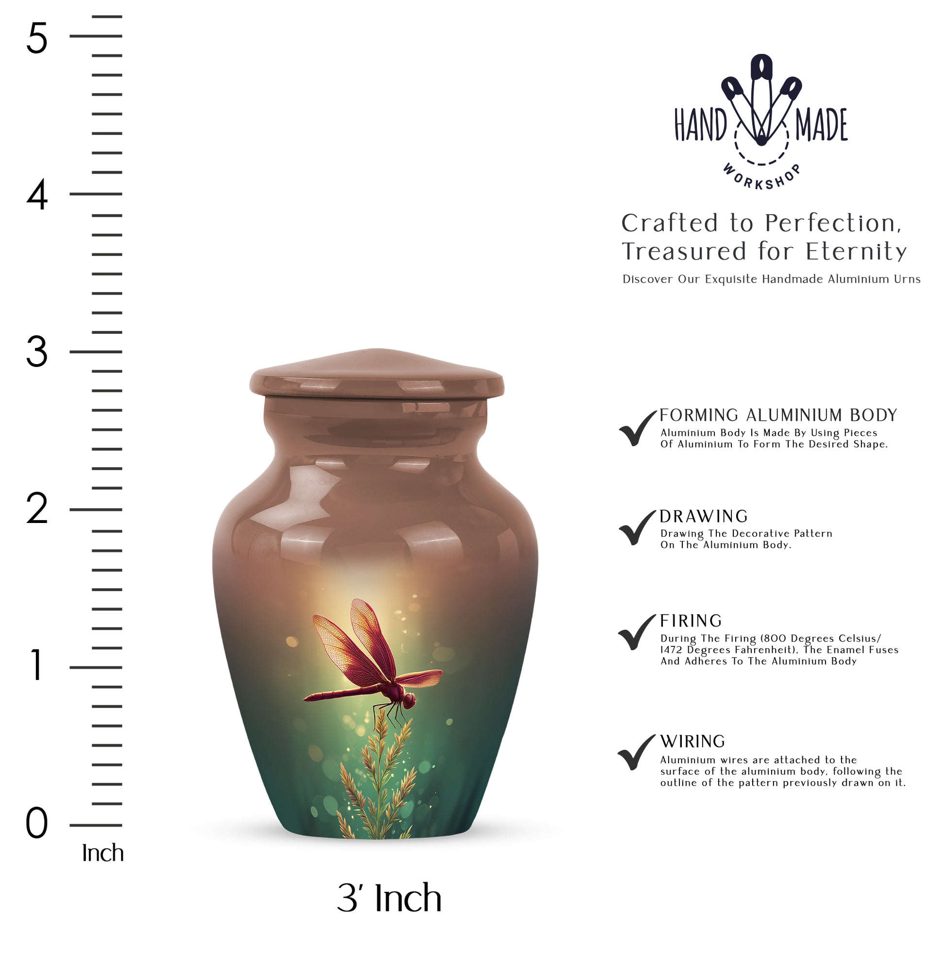 Matte Gold Dragonfly Cremation Urn close-up of engraving and surface detail - elegant classic dragonfly relief with fine detailing - mini keepsake memorial for portion of cremation ashes