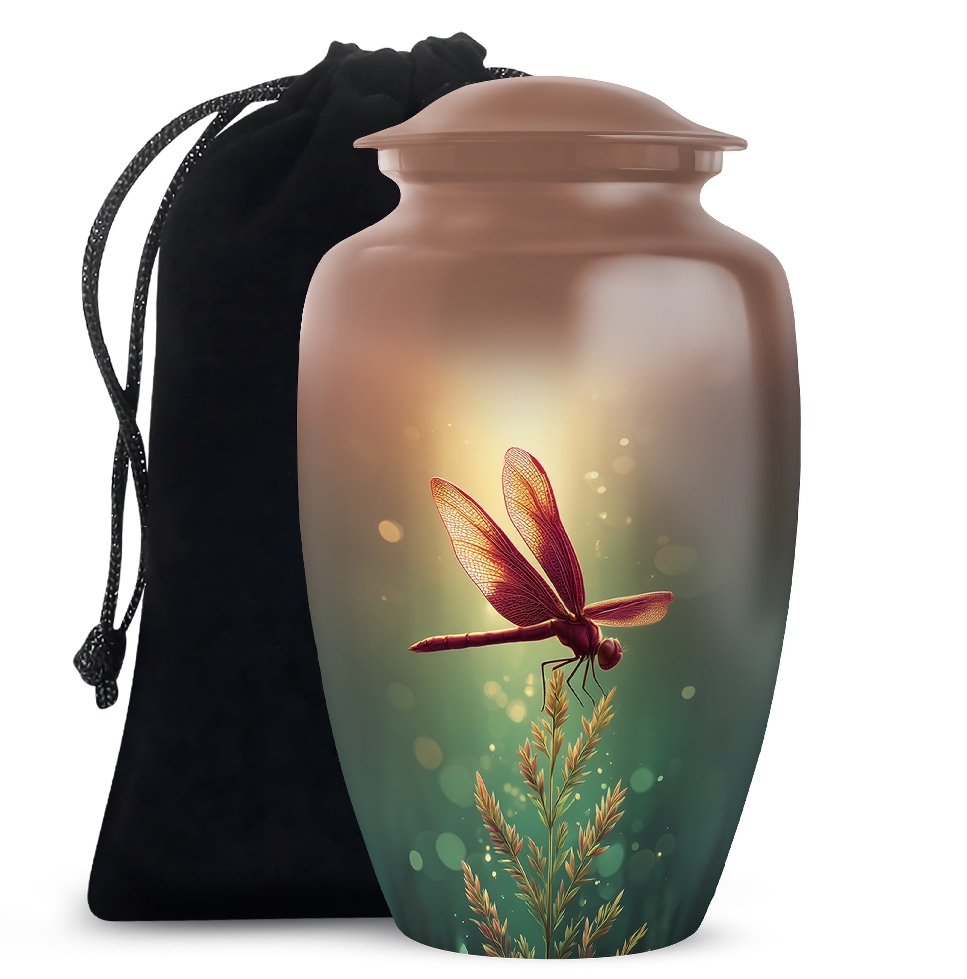 Warm Gold Dragonfly Cremation Urn angled view of lid and engraved motif - traditional dragonfly engraving with hand-polished finish - full-size 10 inch 200 cubic inch adult cremation urn
