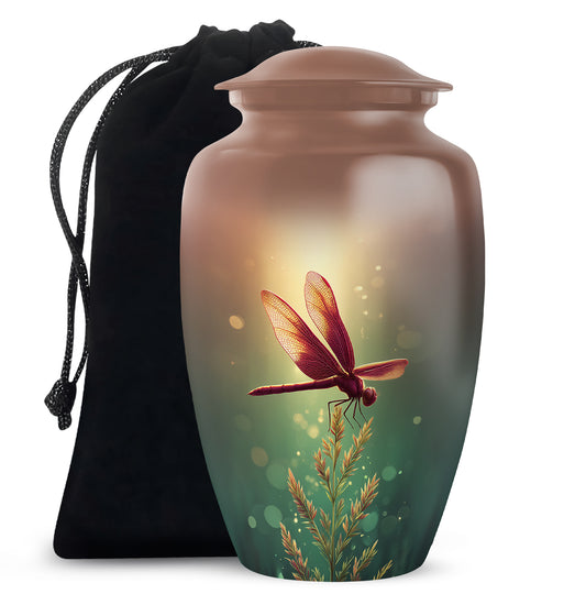 Warm Gold Dragonfly Cremation Urn angled view of lid and engraved motif - traditional dragonfly engraving with hand-polished finish - full-size 10 inch 200 cubic inch adult cremation urn