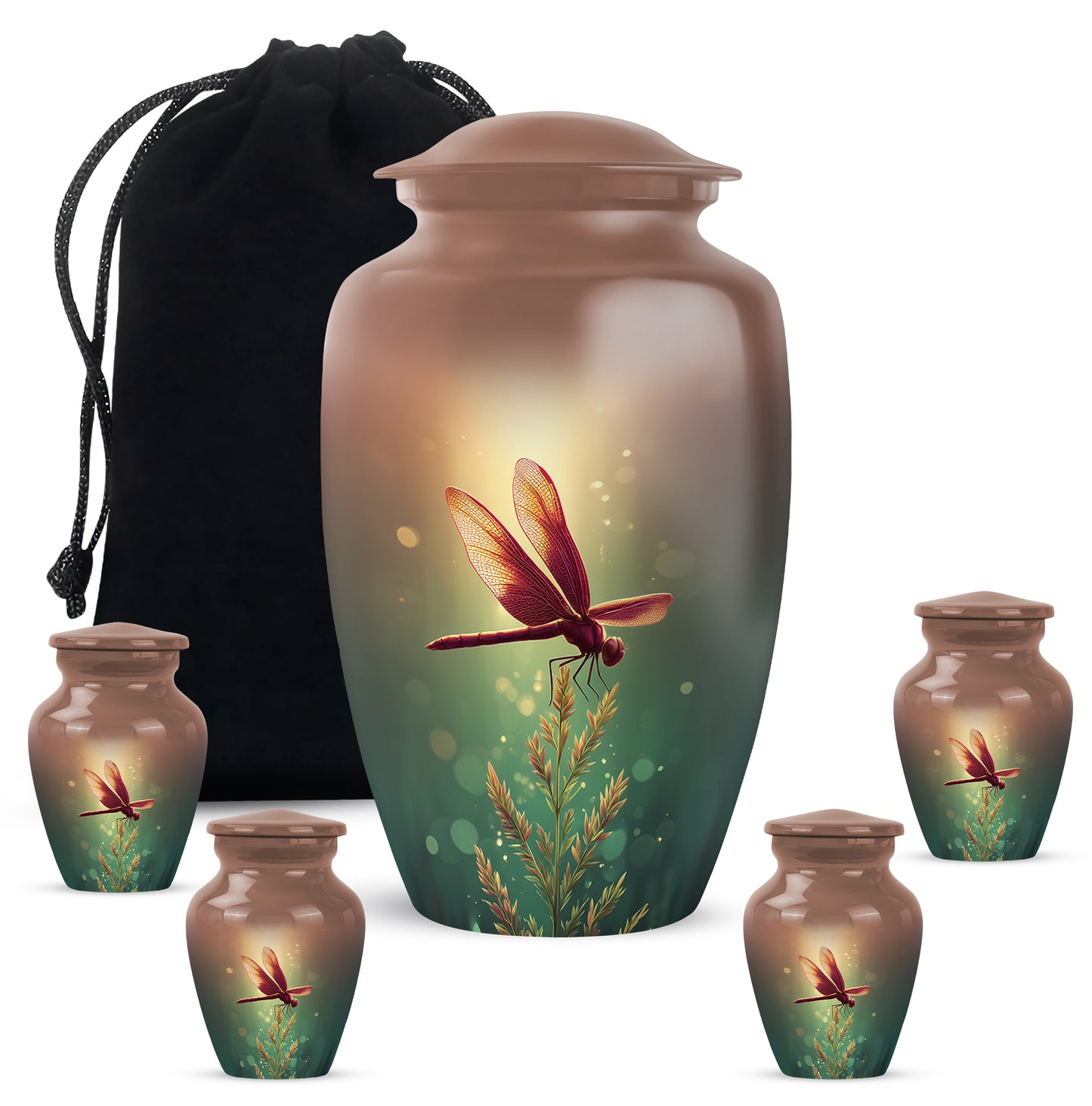 Champagne Gold Dragonfly Cremation Urn top-down view of secure threaded lid - classic sculpted dragonfly pattern on smooth aluminum - memorial set with one large and four small urns