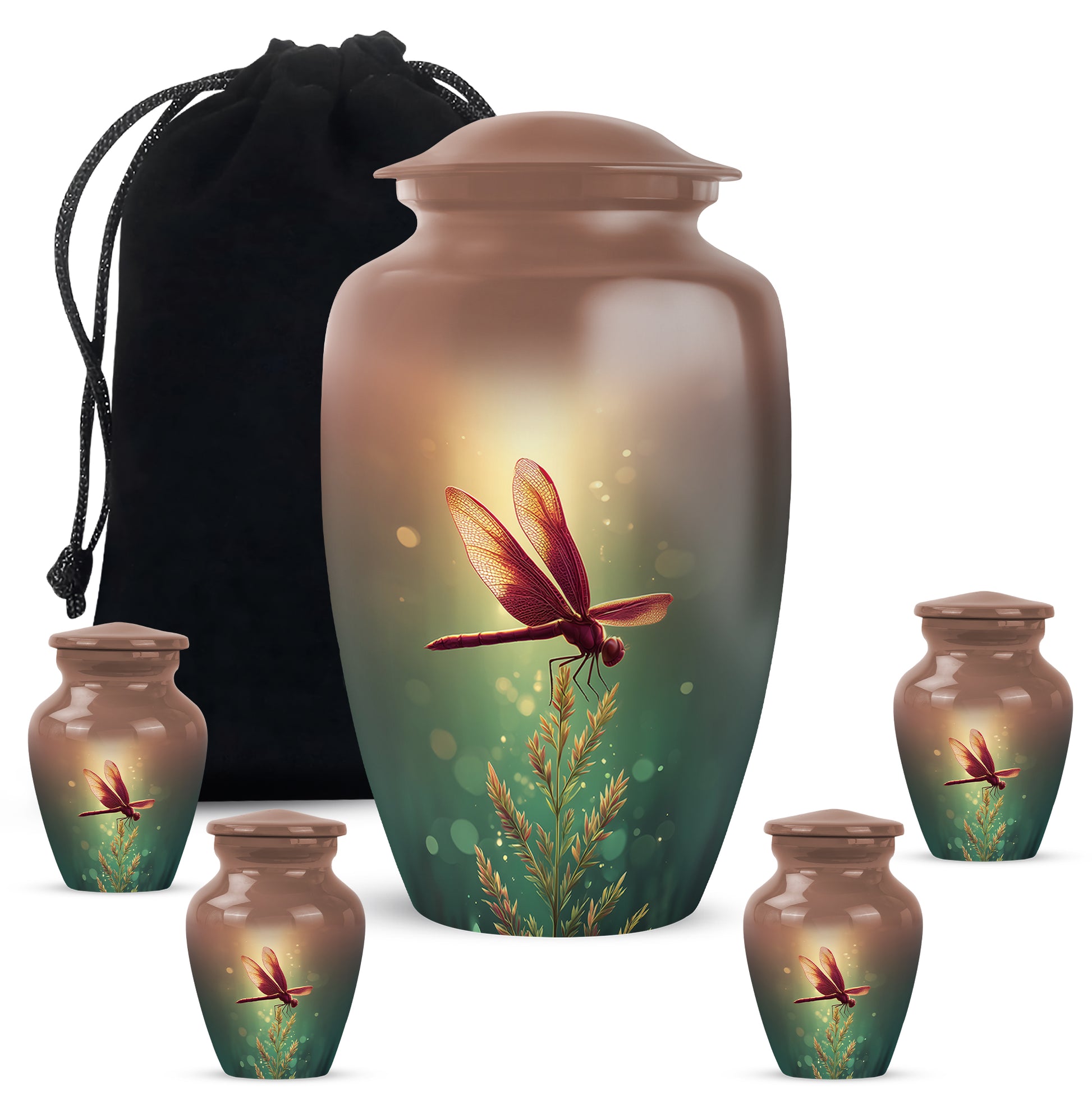 Champagne Gold Dragonfly Cremation Urn top-down view of secure threaded lid - classic sculpted dragonfly pattern on smooth aluminum - memorial set with one large and four small urns
