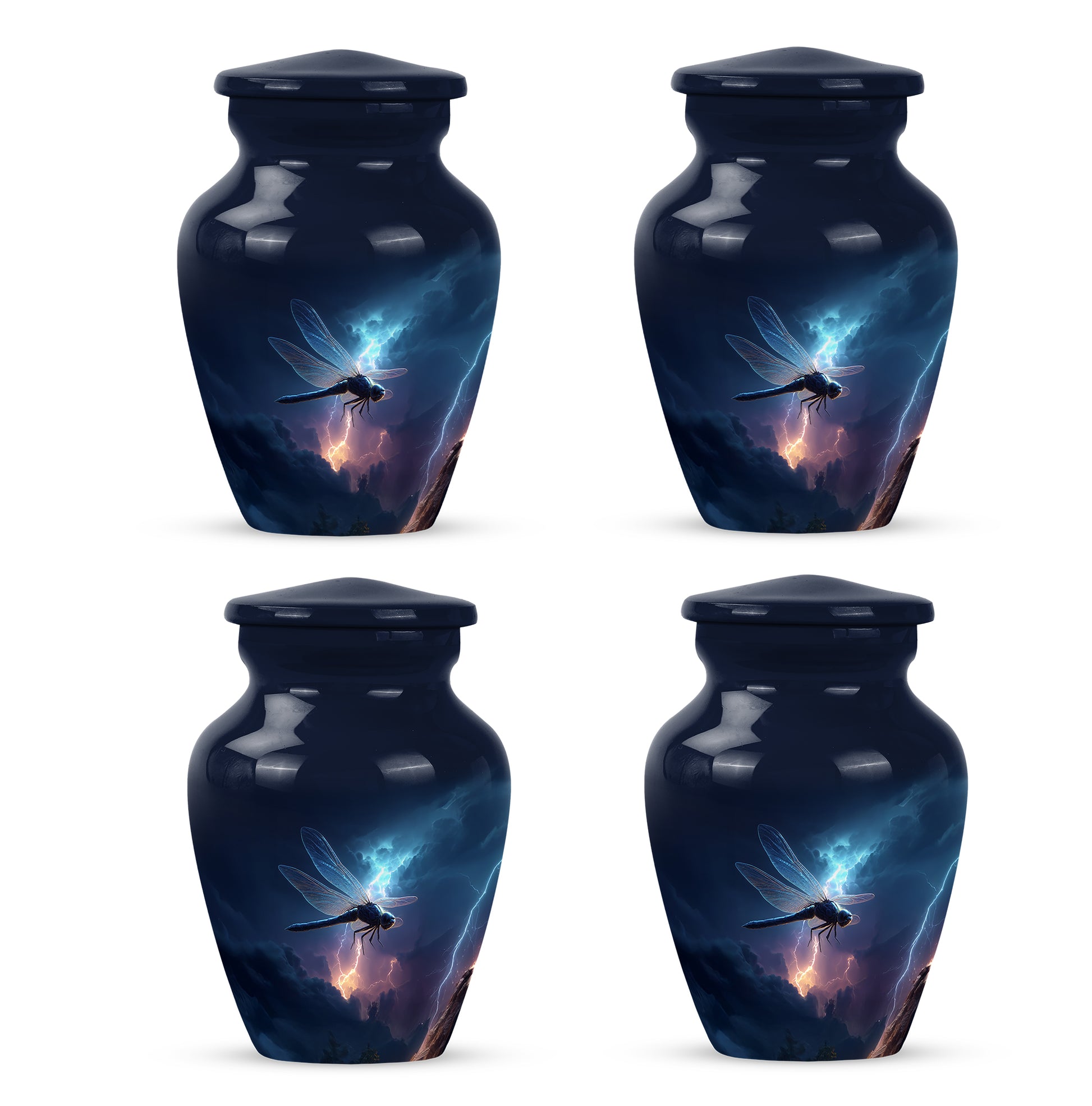 Cornflower Blue Dragonfly Cremation Urn side profile showing urn shape - traditional dragonfly engraving with hand-polished finish - 10 inch aluminum urn for cremated remains