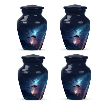 Cornflower Blue Dragonfly Cremation Urn side profile showing urn shape - traditional dragonfly engraving with hand-polished finish - 10 inch aluminum urn for cremated remains