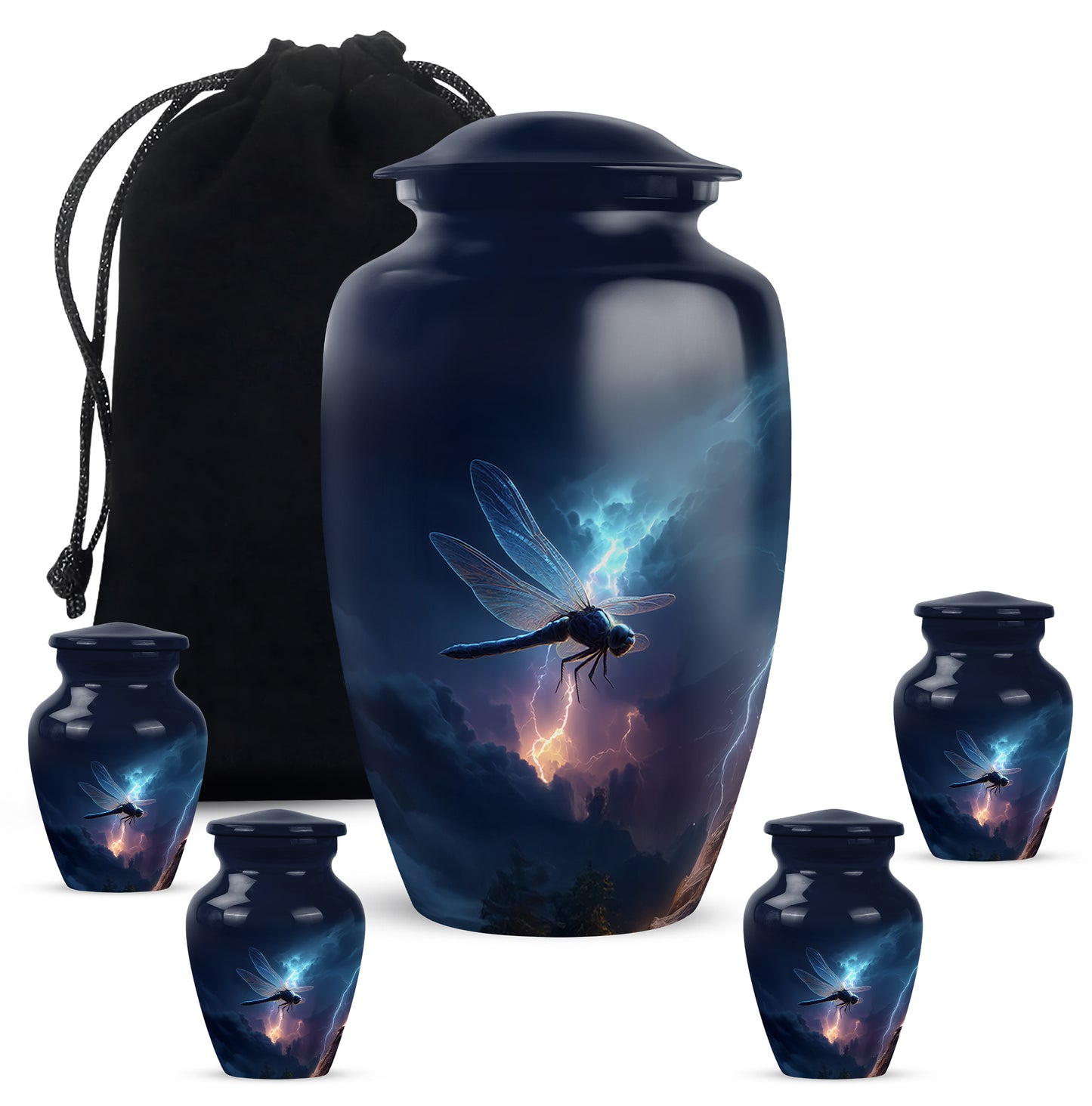 Steel Blue Dragonfly Cremation Urn top-down view of secure threaded lid - traditional dragonfly engraving with hand-polished finish - memorial set with one large and four small urns