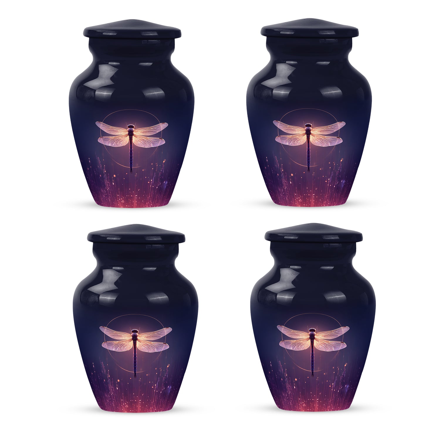 Pastel Blue Dragonfly Cremation Urn side profile showing urn shape - classic sculpted dragonfly pattern on smooth aluminum - 10 inch aluminum urn for cremated remains