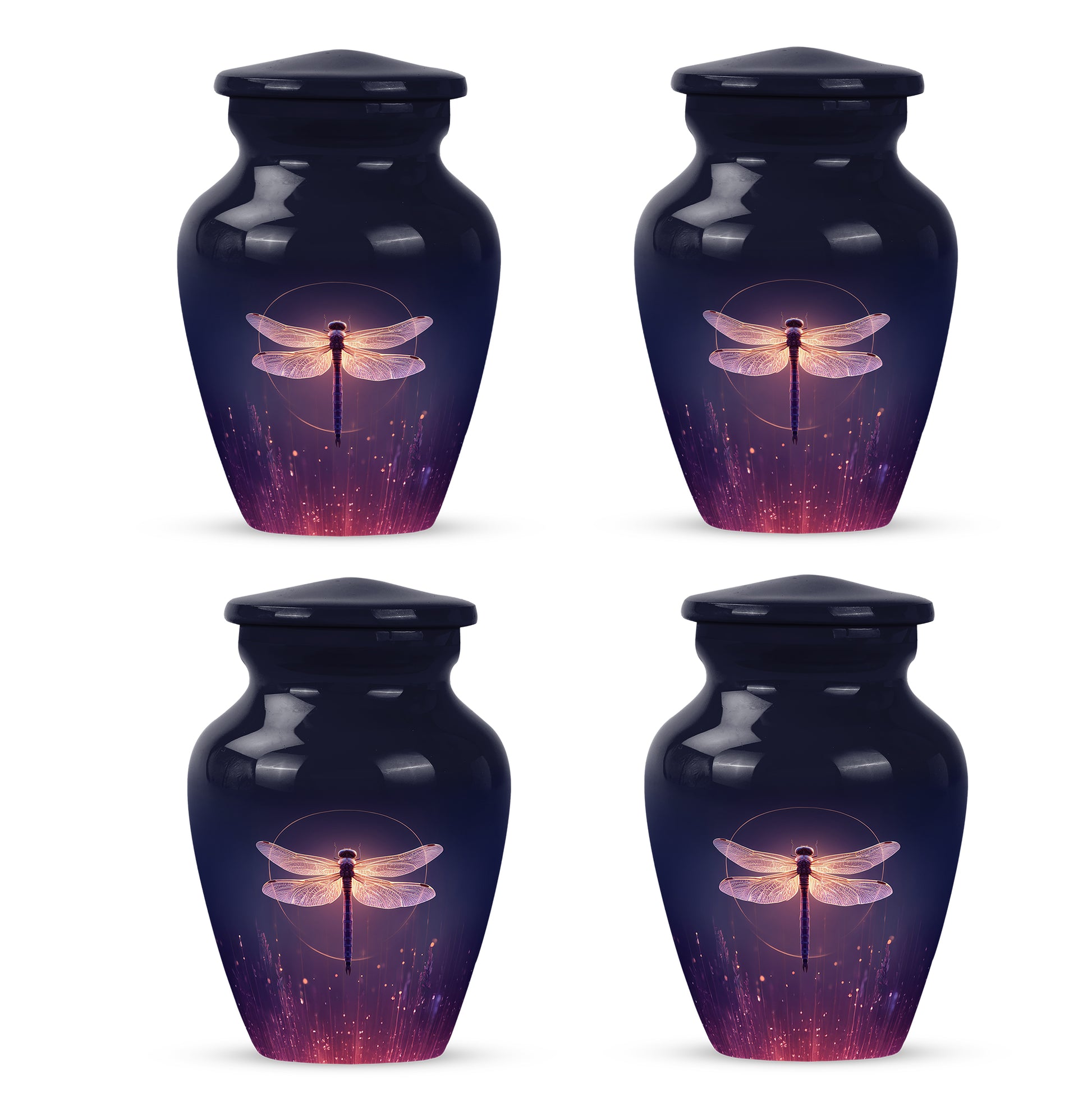 Pastel Blue Dragonfly Cremation Urn side profile showing urn shape - classic sculpted dragonfly pattern on smooth aluminum - 10 inch aluminum urn for cremated remains