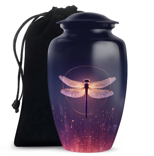 Sapphire Blue Dragonfly Cremation Urn angled view of lid and engraved motif - elegant classic dragonfly relief with fine detailing - full-size 10 inch 200 cubic inch adult cremation urn