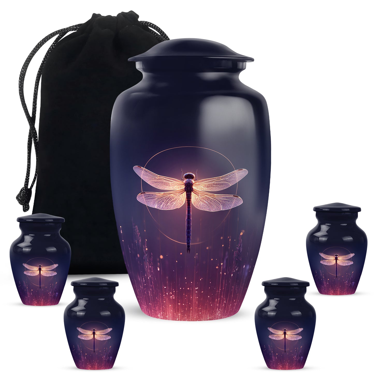 Azure Dragonfly Cremation Urn top-down view of secure threaded lid - classic sculpted dragonfly pattern on smooth aluminum - memorial set with one large and four small urns