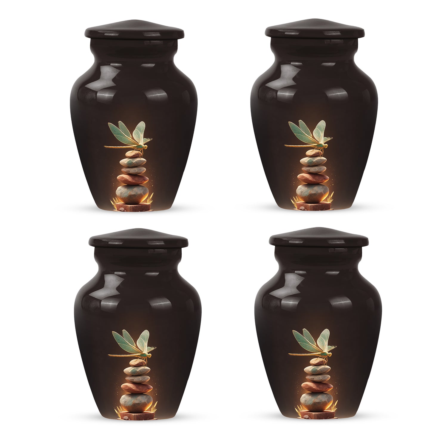 Scarlet Red Dragonfly Cremation Urn side profile showing urn shape - elegant classic dragonfly relief with fine detailing - 10 inch aluminum urn for cremated remains