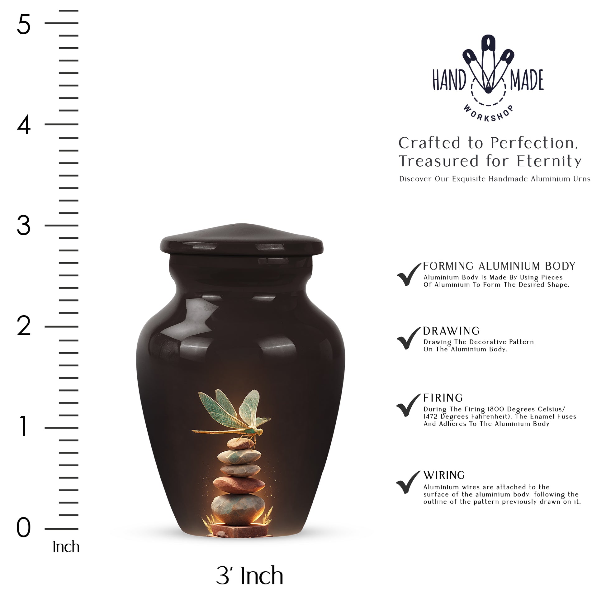 Burgundy Red Dragonfly Cremation Urn close-up of engraving and surface detail - timeless dragonfly motif etched into premium metal - mini keepsake memorial for portion of cremation ashes