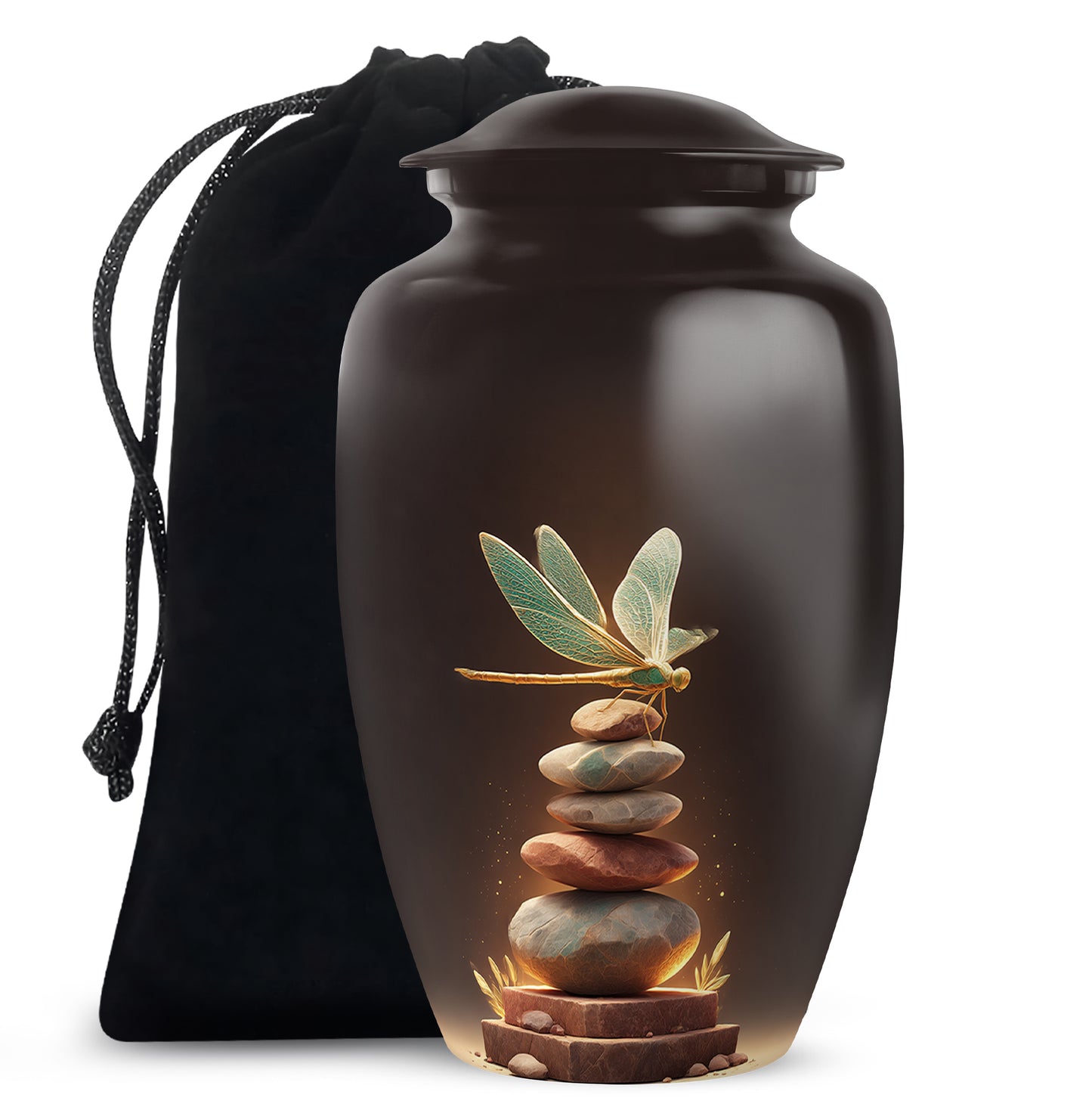 Wine Red Dragonfly Cremation Urn angled view of lid and engraved motif - timeless dragonfly motif etched into premium metal - full-size 10 inch 200 cubic inch adult cremation urn