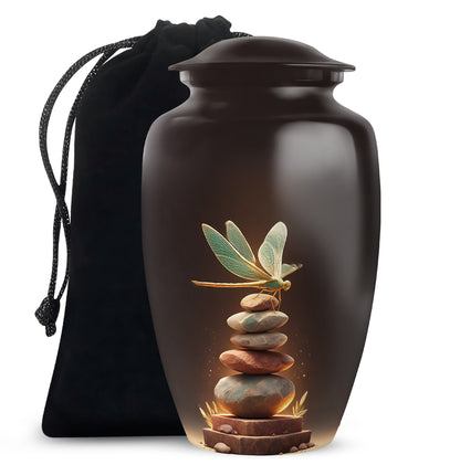 Wine Red Dragonfly Cremation Urn angled view of lid and engraved motif - timeless dragonfly motif etched into premium metal - full-size 10 inch 200 cubic inch adult cremation urn