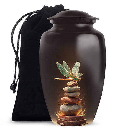 Wine Red Dragonfly Cremation Urn angled view of lid and engraved motif - timeless dragonfly motif etched into premium metal - full-size 10 inch 200 cubic inch adult cremation urn
