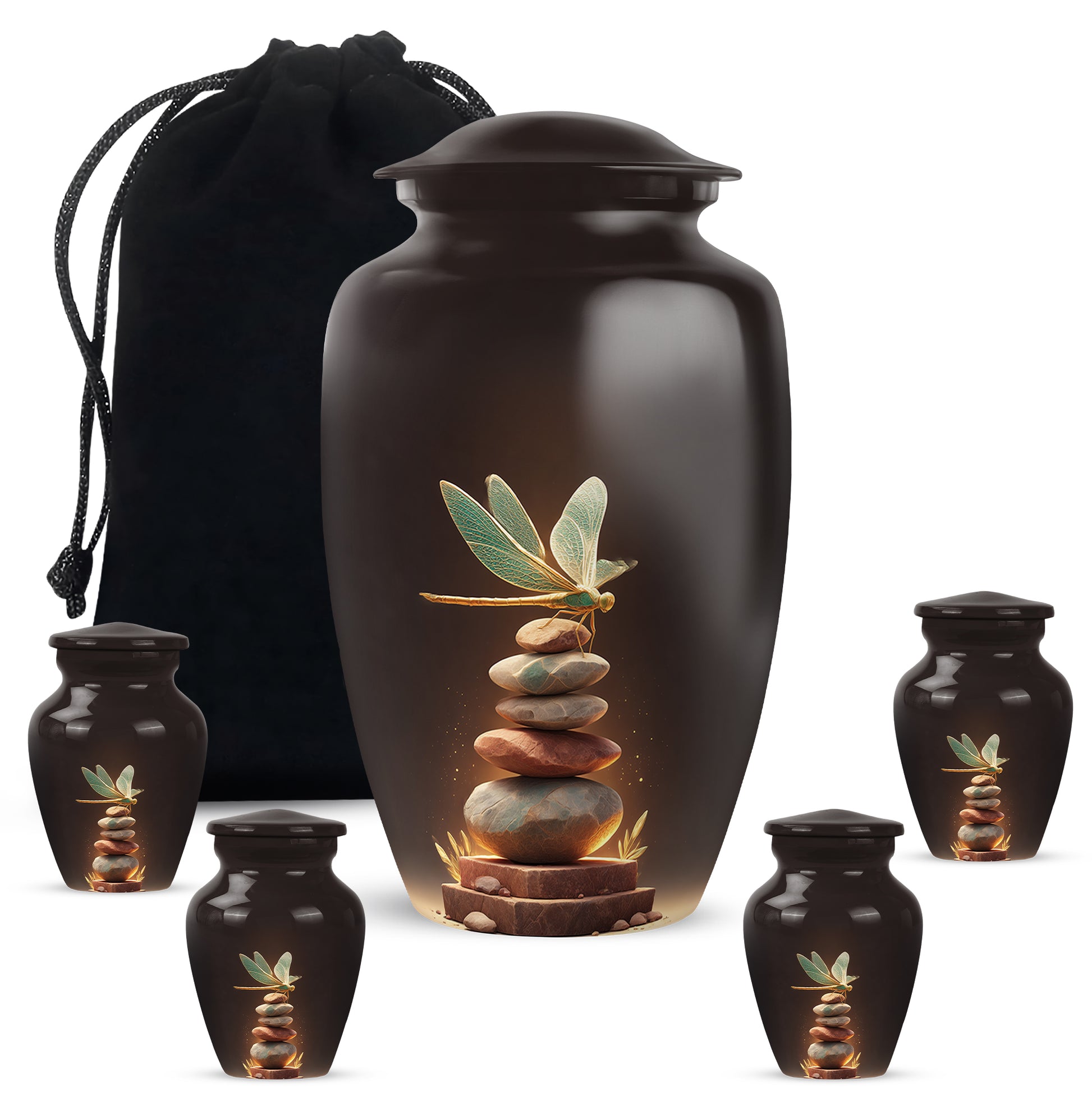 Burgundy Red Dragonfly Cremation Urn top-down view of secure threaded lid - classic sculpted dragonfly pattern on smooth aluminum - memorial set with one large and four small urns
