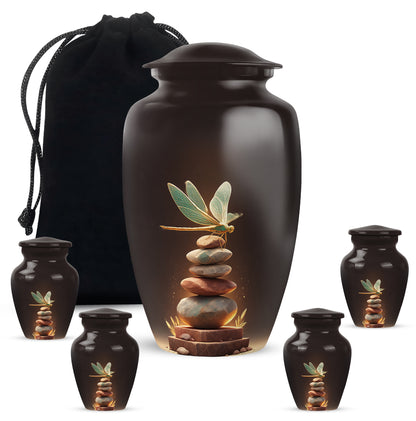 Burgundy Red Dragonfly Cremation Urn top-down view of secure threaded lid - classic sculpted dragonfly pattern on smooth aluminum - memorial set with one large and four small urns