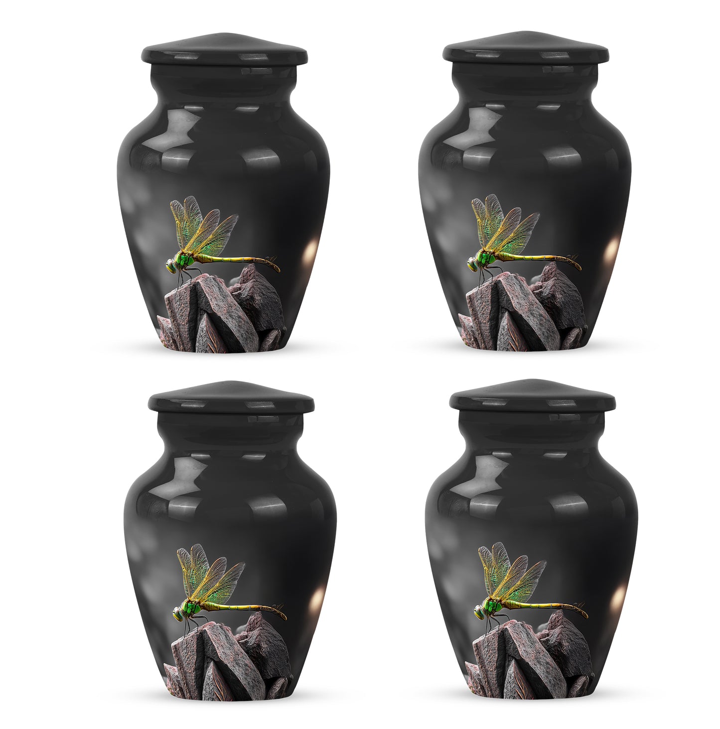 Glossy Black Dragonfly Cremation Urn side profile showing urn shape - timeless dragonfly motif etched into premium metal - 10 inch aluminum urn for cremated remains