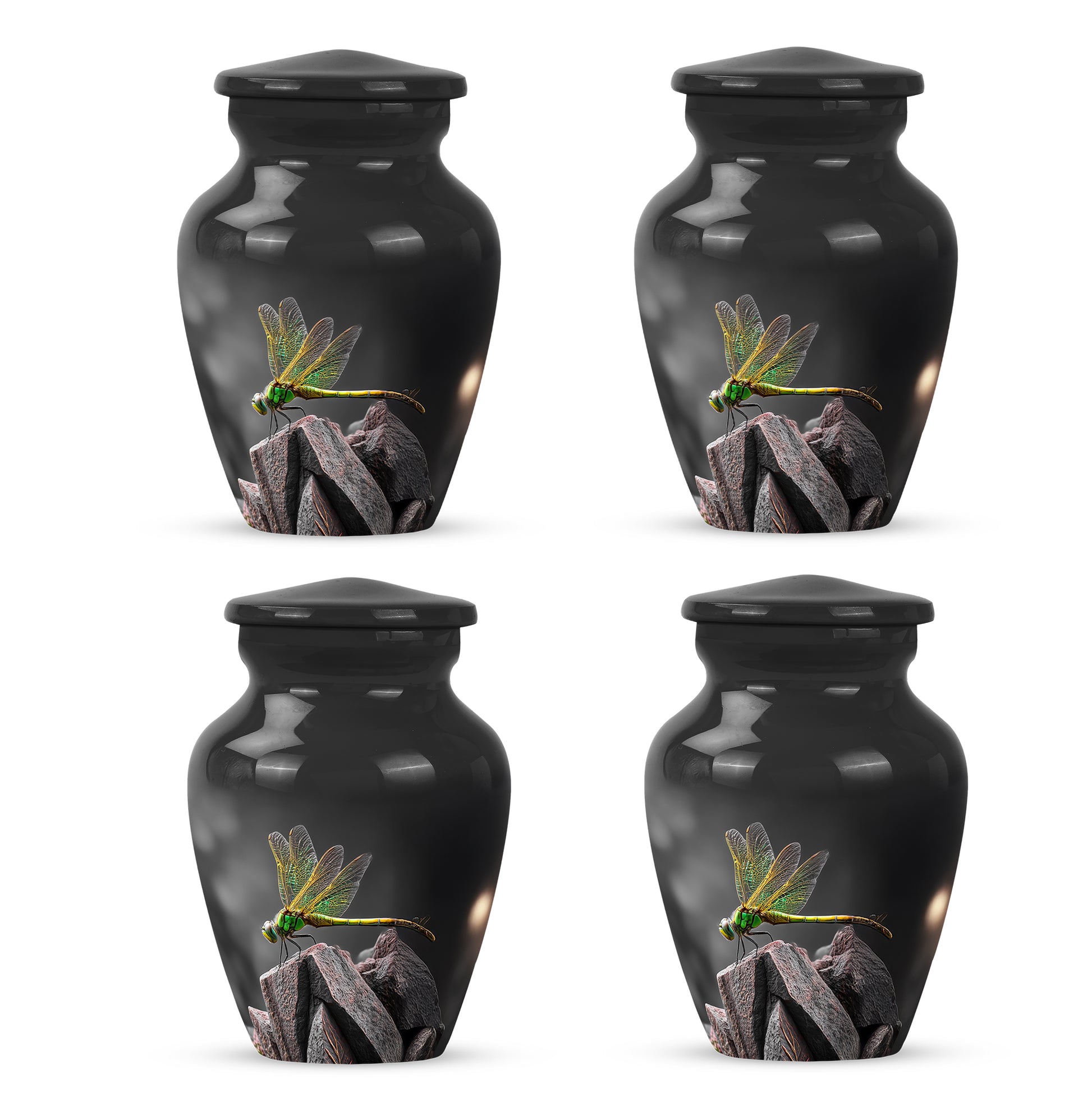 Glossy Black Dragonfly Cremation Urn side profile showing urn shape - timeless dragonfly motif etched into premium metal - 10 inch aluminum urn for cremated remains