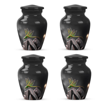 Glossy Black Dragonfly Cremation Urn side profile showing urn shape - timeless dragonfly motif etched into premium metal - 10 inch aluminum urn for cremated remains