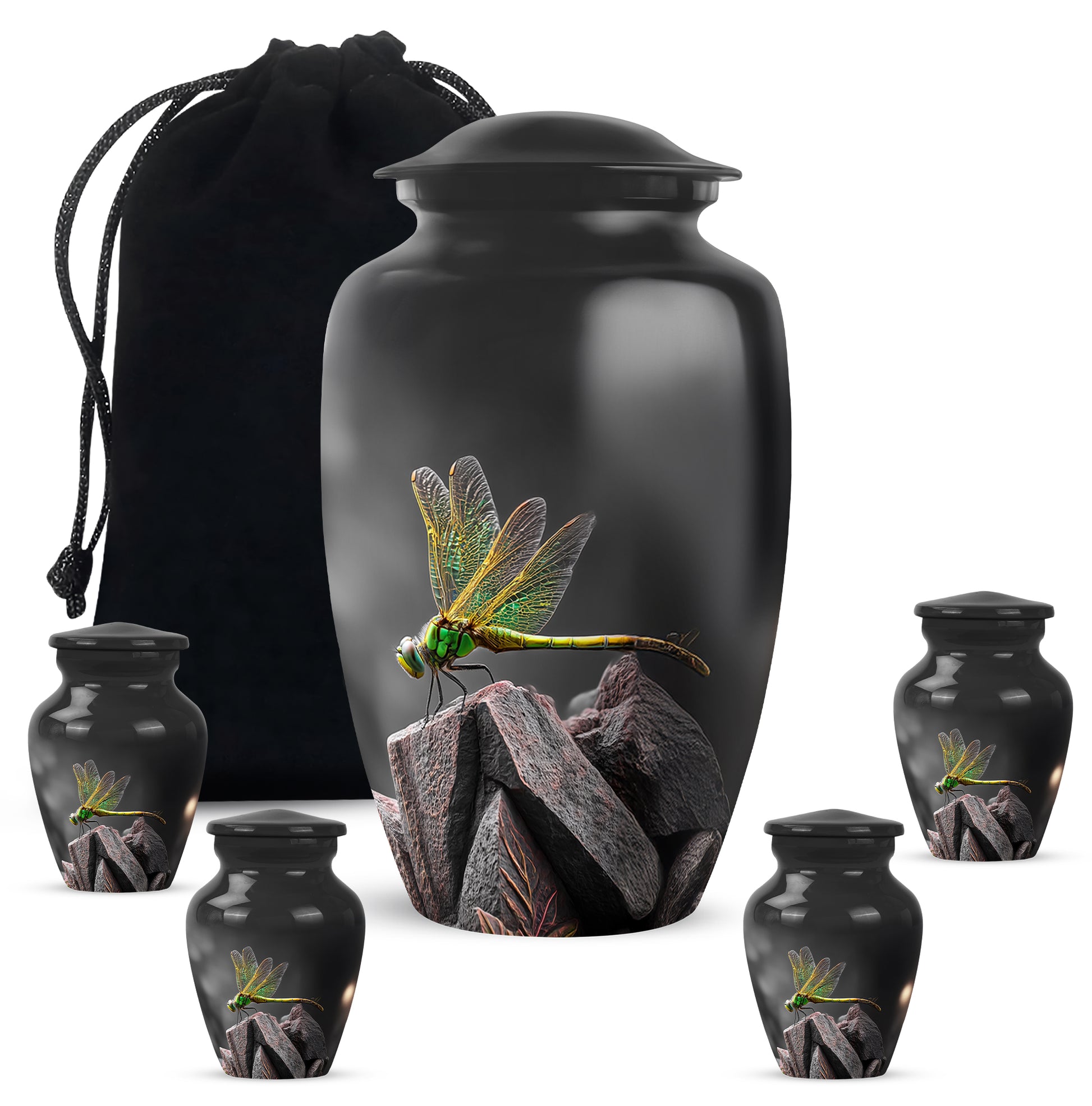 Glossy Black Dragonfly Cremation Urn top-down view of secure threaded lid - timeless dragonfly motif etched into premium metal - memorial set with one large and four small urns