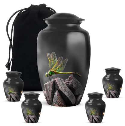 Glossy Black Dragonfly Cremation Urn top-down view of secure threaded lid - timeless dragonfly motif etched into premium metal - memorial set with one large and four small urns